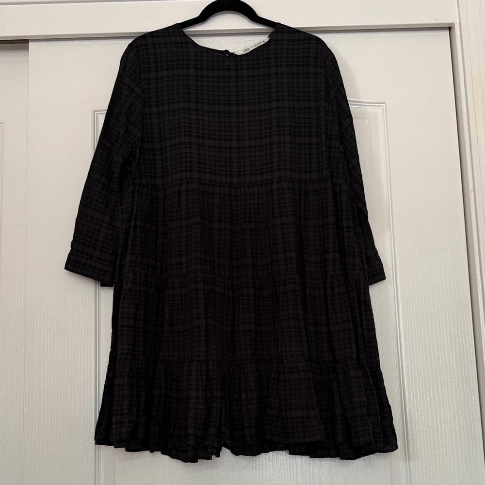 Zara Black Plaid Long-Sleeve Tiered Dress XL